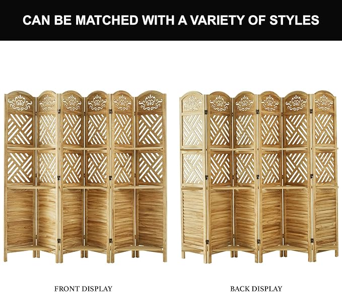 Room Divider with Shelves, 68.9inch Wood Carved and Louvered Wall Divider Freestanding, 6 Panels Folding Partition Screen for Bedroom Home Office (Natural)-Ruum Studio Home