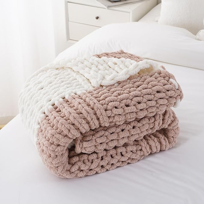 Battilo Chunky Knit Throw Blanket, Soft and Thick Chenille Throw Blanket, 50"x60" Handmade Cable Knit Crochet Blanket, Large Rope Knot Throw Blankets for Couch Sofa Bed Home Decor, Blush & White-Ruum Studio Home