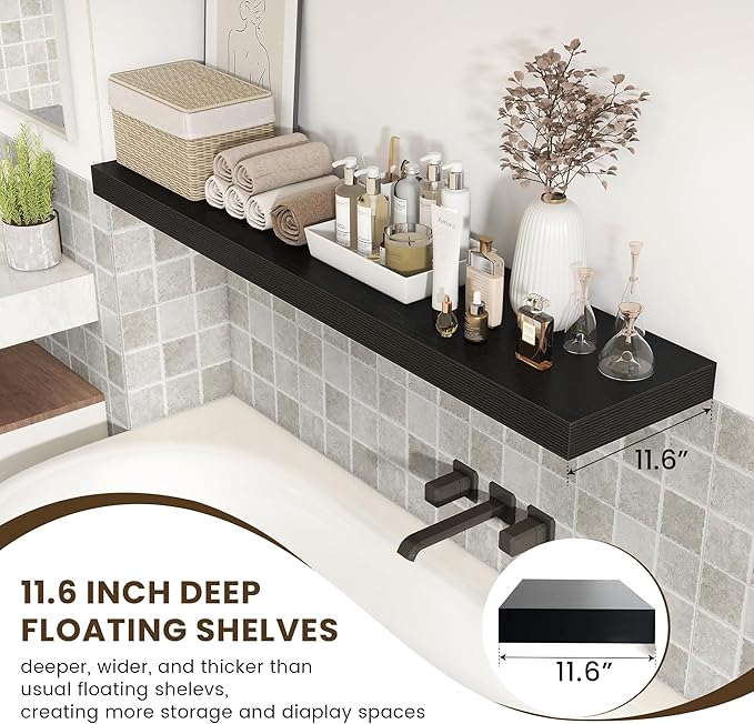 Black Floating Shelves for Wall - 55 Inch Wide x 12 Inch Deep Wall Shelves Set of 1 - Rustic Black Wood Shelves for Living Room, Bathroom, Laundry Room, Bedroom, Kitchen, Home Office-Ruum Studio Home