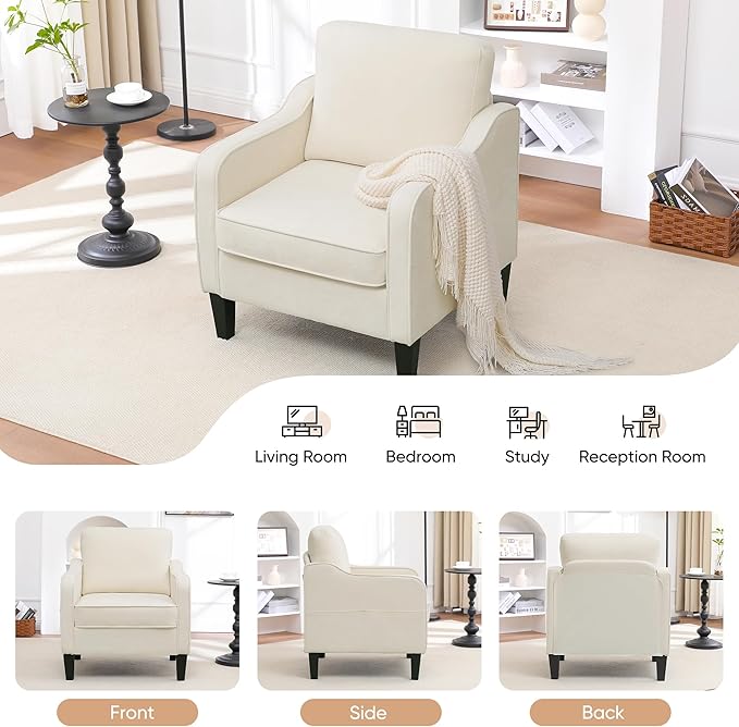 Accent Chair for Living Room, Mid Century Modern Reading Chair for Bedroom, Upholstered Armchair with Side Pockets, Comfy Single Sofa Side Chair for Office, Apartment, Small Room, Beige-Ruum Studio Home