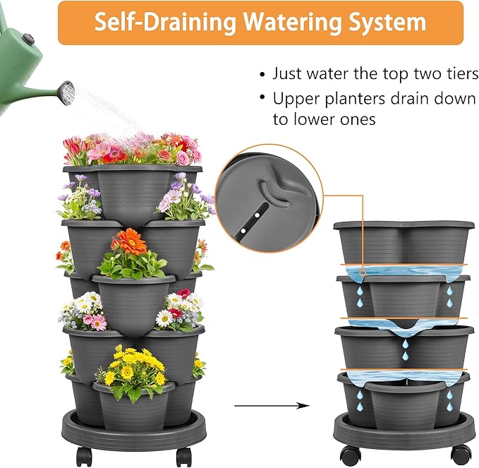 VECELO 5 Tier Vertical Garden Planter, Self Watering Stackable Planters with Wheels for Strawberries, Herbs, Flowers, Vegetables, Dark Gray-Ruum Studio Home
