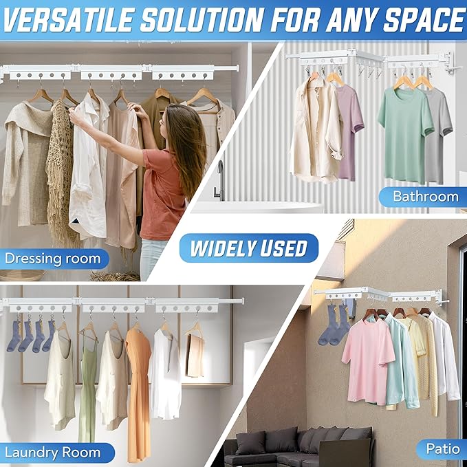 Clothes Drying Rack Wall Mounted, Retractable Space-Saving Foldable Laundry Drying Rack for Indoor & Outdoor Use - Laundry Rooms, Bathroom & Balconies,Includes 10 Clothespins(White)-Ruum Studio Home