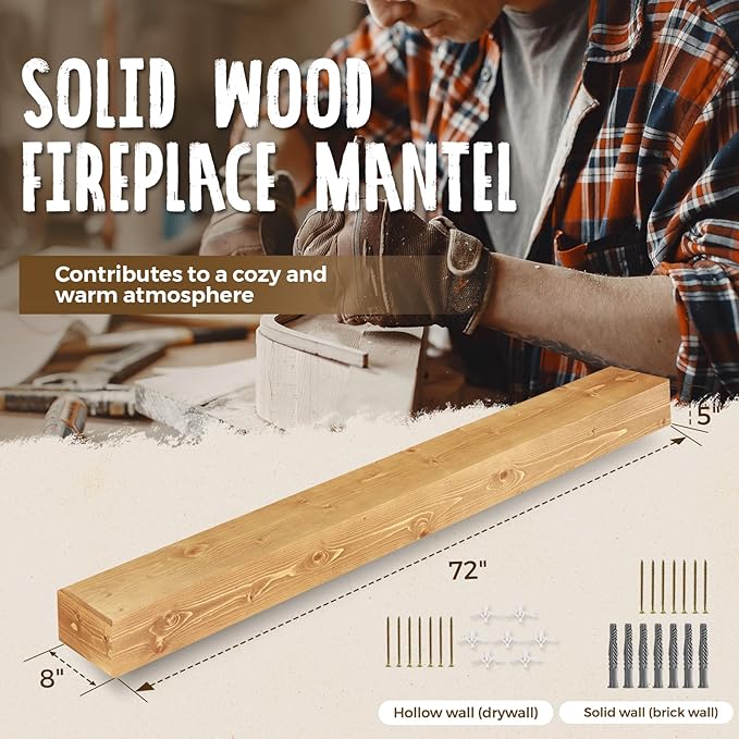 72x8x5 Fireplace Mantel - Handcrafted Rustic Solid Wood Wall Mounted Floating Shelf with Invisible Heavy Duty Wood Bracket (Natural)-Ruum Studio Home