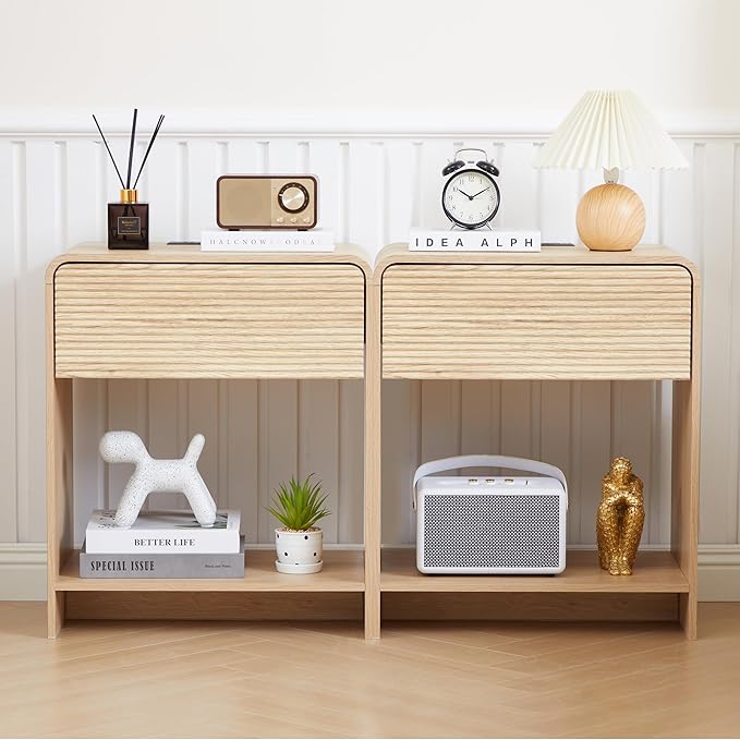 Fluted Nightstand Set of 2 with Charging Station, Modern Bed Side Table End Table with Drawer Storage, Large Wooden Night Stands Bedside for Bedroom Living Room Sofa Office, Natural 2 Sets-Ruum Studio Home