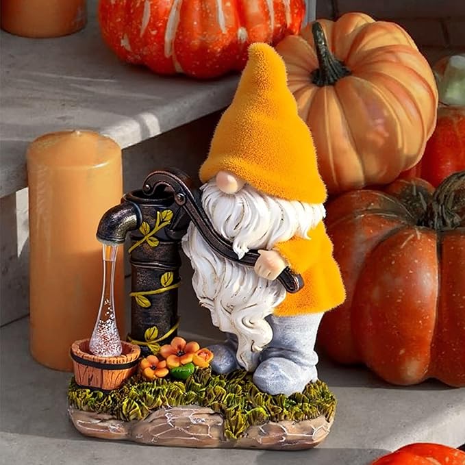TERESA'S COLLECTIONS Fall Decor, Fall Gnomes Decor, Autumn Garden Gnomes Pumping Water with Solar Lights, Waterproof Resin Outdoor Fall Decor, Fall Gifts Outdoor/Indoor,9"-Ruum Studio Home
