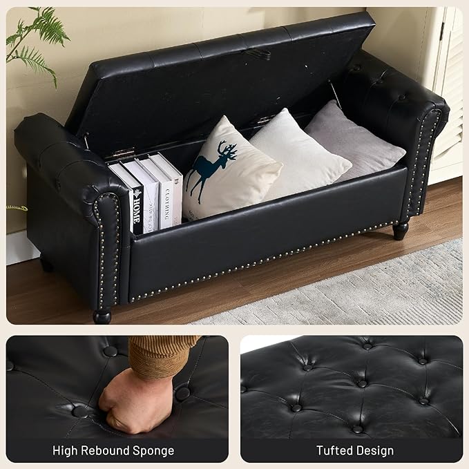 Furniliving 55” End of Bed Bench, Bedroom Bench with Button-Tufted, Large Upholstered Storage Ottoman Benches Entryway Bench with Storage Shoe Cabinet Bench, for Bedroom, Living Room, PU, Black-Ruum Studio Home