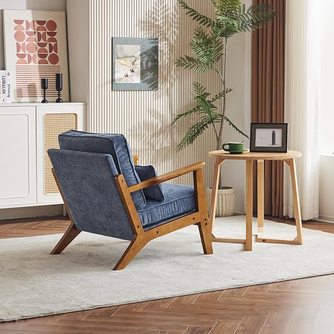 Karl home Accent Chair Wide Armrest Mid-Century Lounge Chair Chenille Armchair with Lumbar Pillow & Solid Wood Frame for Living Room, Bedroom, Balcony, Dusty-Blue-Ruum Studio Home