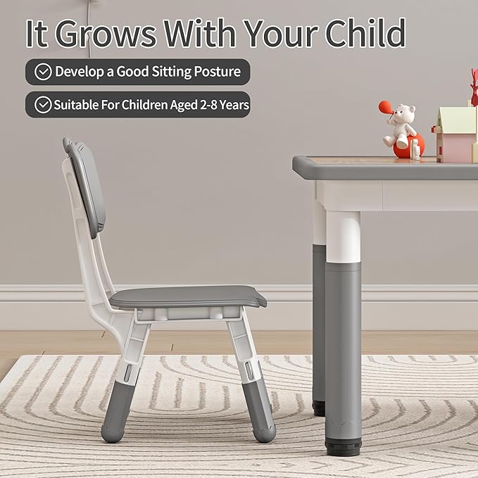 Kids Table and Chairs, Height Adjustable Childrens Table and Chair Set, Kids Tables for Age 2-8, Graffiti Desktop, Table for Kids with 2 Seats, Small Kids Table, Max 300lbs, Grey-Ruum Studio Home