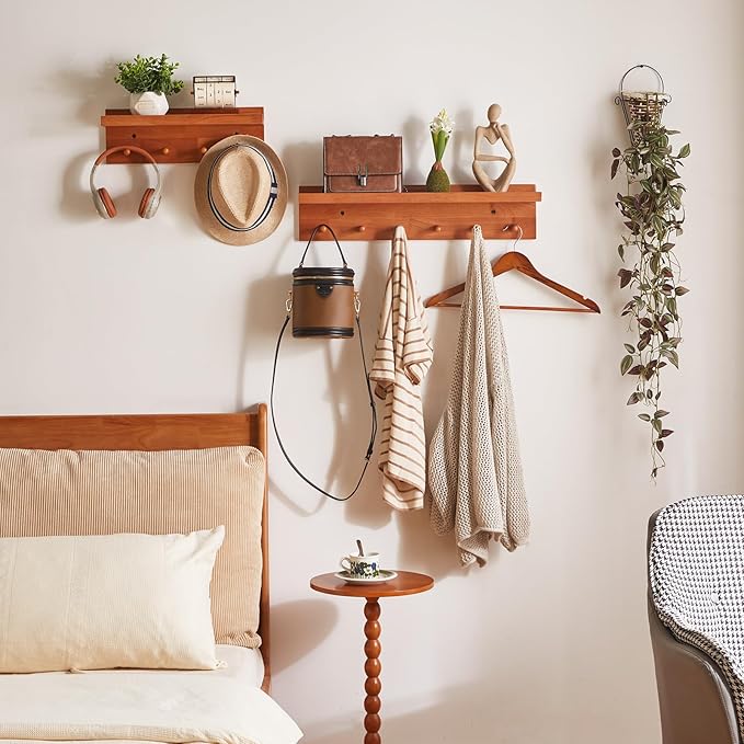 Wall Mounted Hook with Shelf,15.75in Entryway Wall Hanging Shelf,Solid Wood Coat Hooks,for Bathroom, Kitchen,Cherry Wood Color YD-WS0240C-Ruum Studio Home