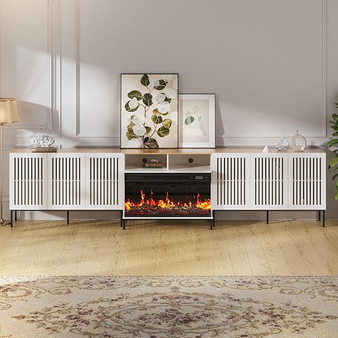 3-Sided Glass Farmhouse Fireplace TV Stand for TVs Up to 110 Inch, Entertainment Center with 36" Electric Fireplace, Antique White TV Console with Storage Cabinets for Living Room-Ruum Studio Home