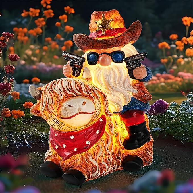 Solar Highland Cow Gnome Statue - Hand-Painted Resin Outdoor Decor for Garden & Yard, Unique Mothers Day Birthday Gifts for Grandma Women (Weatherproof)-Ruum Studio Home
