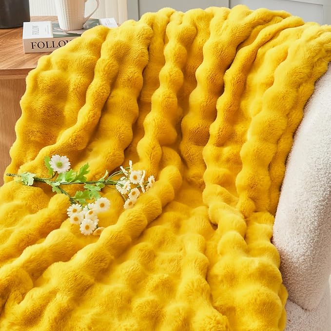 NEWCOSPLAY Faux Fur Throw Blanket Mustard Yellow Bubble Blanket Thick Warm Soft for Couch Sofa Bed 550GSM (Mustard Yellow, Throw(50"x60"))-Ruum Studio Home