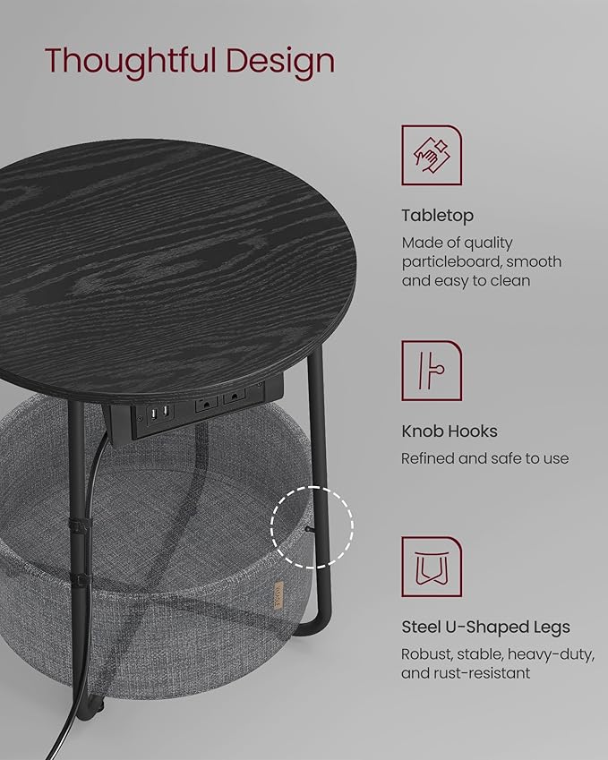 VASAGLE Side Table with Charging Station, Round End Table with Fabric Basket, Nightstand with Power Outlets, USB Ports, for Living Room, Bedroom, Modern, Ebony Black and Slate Gray ULET228B01-Ruum Studio Home