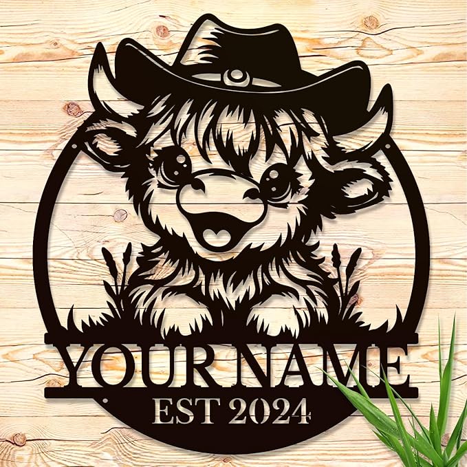 Personalized Highland Cow Name metal Signs,Custom Highland Cow Metal Shed Wall Decor,Black Metal Wall Art Plaques Outdoor wall Decorative Signage (Style A)-Ruum Studio Home