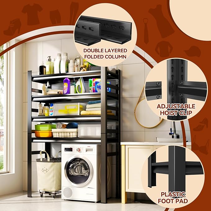 Laundry Shelf,5 Tier Over Washer and Dryer Storage Shelves,Adjustable Easy to Install,Space Saver Laundry Shelf Organizer,Utility Shelves for Balcony,Black,72”H*15.7”D*35.4“W-Ruum Studio Home