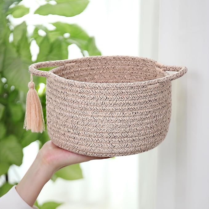 Empty Gift Basket – SweetMemo Mini Woven Rope Organizer Baskets for Gifting, Baby Shower, Desk, Makeup Brushes, Bathroom, Shelves – Small Decorative Storage Bin with Gift Bag & Ribbon – Warm Brown-Ruum Studio Home