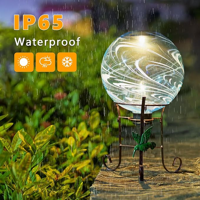 10 Inch Solar Glass Gazing Ball, with 9.4" Tall Metal Gazing Globe Stand, Solar Ball Lights Display Holder Set for Outdoor Garden Lawn Yard Decoration, Blue Water Ripple-Ruum Studio Home