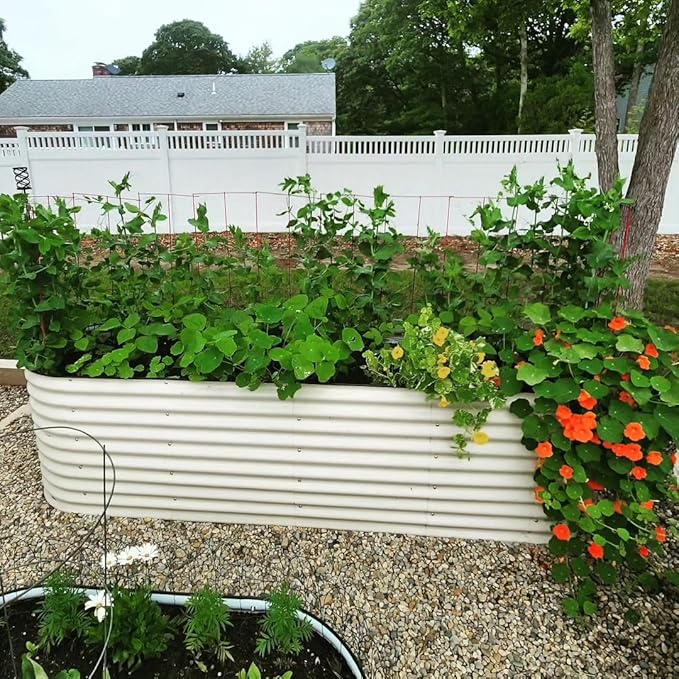 Vego Garden 32" Extra Tall Oval Metal Raised Garden Bed Kit - 9 in 1 Modular Planter Box for Vegetables, Flowers, Fruits - Pearl White-Ruum Studio Home