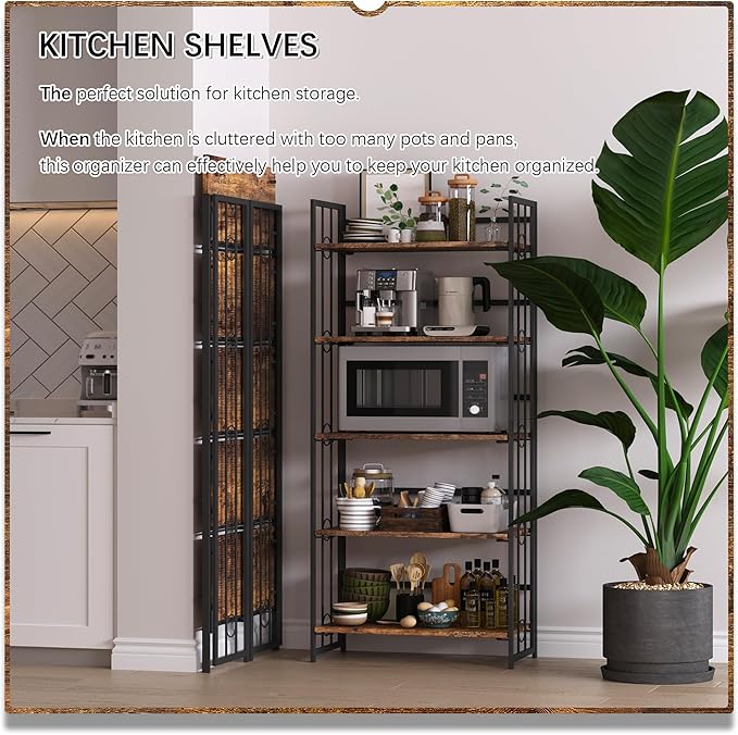 4NM No Assembly 5 Tiers Folding Bookshelf, 59.4" H Foldable Storage Shelves Vintage Bookcase Standing Racks Study Organizer Home Office - Rustic Brown Black-Ruum Studio Home