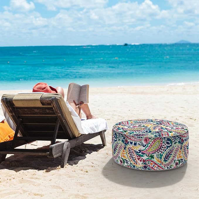LVTXIII Indoor/Outdoor Inflatable Ottoman, D31 x H14 Inch Large Round Ottoman, All Weather Foot Rest Stool, Portable Footrest for Patio, Garden, Camping and Home - Vigour Paisley-Ruum Studio Home