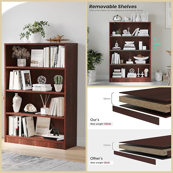 Bookshelf, Open Modern Bookshelf, 4 Shelf Bookcase with Freestanding Display Storage, Wooden Book Shelf for Bedroom, Living Room, Dinning Room, Office, 48 Inch, Brown-Ruum Studio Home