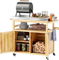 Outsunny Outdoor Grill Cart with Wheels and Storage, Solid Wood Outdoor Kitchen Island with Stainless Steel Top, Movable Bar Cart with Spice Rack, Side Handle, Integrated Hole for BBQ, Natural Wood-Ruum Studio Home