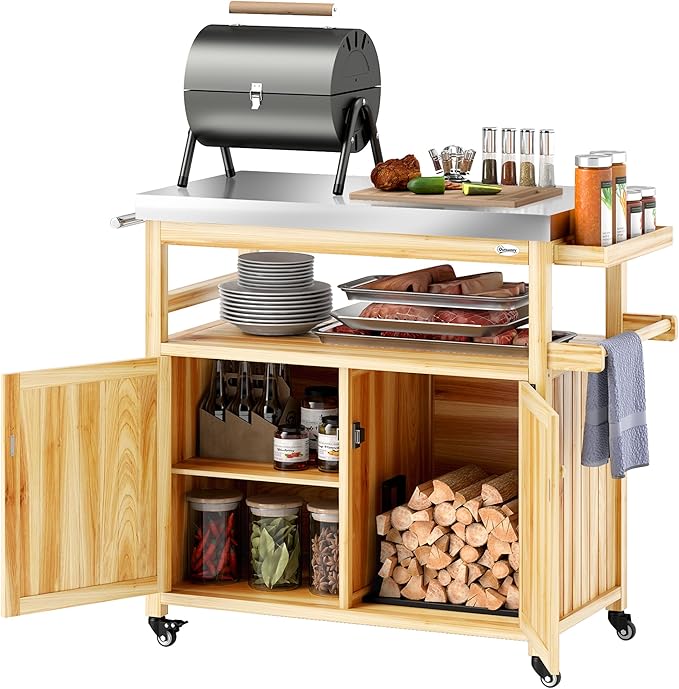Outsunny Outdoor Grill Cart with Wheels and Storage, Solid Wood Outdoor Kitchen Island with Stainless Steel Top, Movable Bar Cart with Spice Rack, Side Handle, Integrated Hole for BBQ, Natural Wood-Ruum Studio Home
