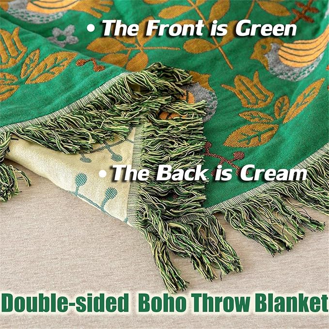 MSGKV Boho Throw Blanket 100% Cotton Green Blanket 90''x 98'' Double Sided Knit Blankets with Tassels Reversible Warm Soft Blanket Throw Blankets for Bed Sofa Living Room-Ruum Studio Home