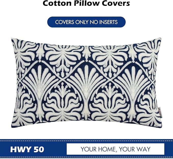HWY 50 Navy Blue Decorative Lumbar Pillow Cover Rectangle 12x20 Inch (1 Piece), Embroidered Cotton Farmhouse Cushion Cover Pillow Case for Sofa Couch Living Room Bed, Minimalist Floral-Ruum Studio Home