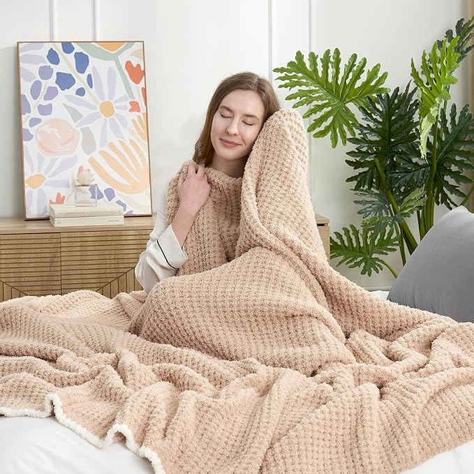 Snuggle Sac Waffle Throw Blanket for Couch Bed Sofa 50x60 inches, Reversible Beige Blanket Microfiber Fluffy Fuzzy Cozy Knit Soft Throws for Women Mothers Birthday Gifts-Ruum Studio Home