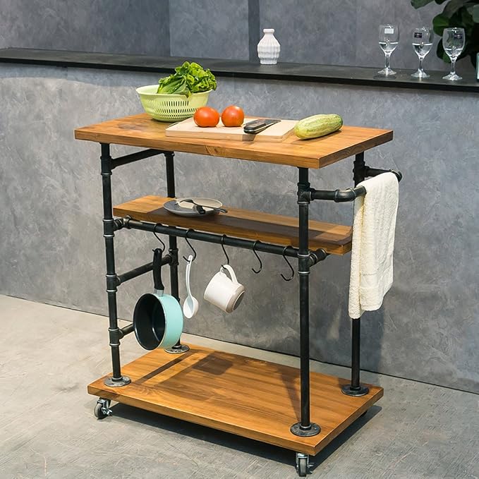 Industrial Portable Kitchen Island on Wheels,Bar Carts for the Home Wine Bar Beverage Coffee Cart,Metal Rolling kitchen carts and islands,Wood and Pipe 3-Tier Butcher Block Island Food Serving Cart-Ruum Studio Home