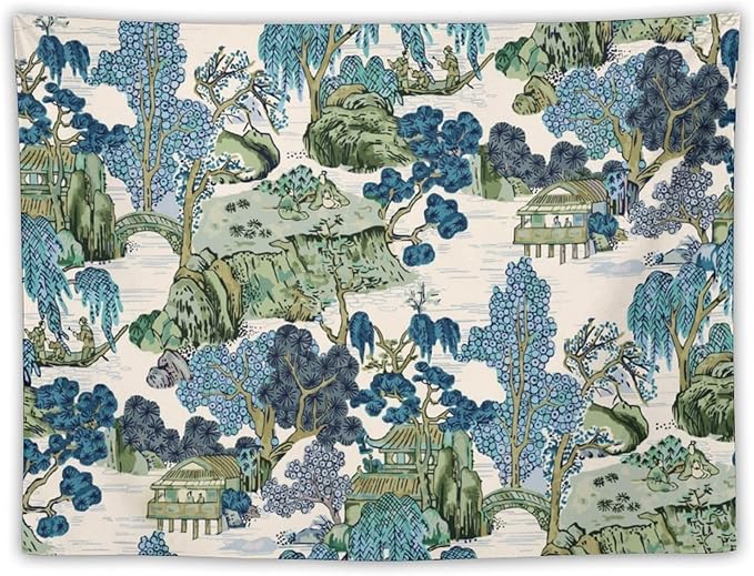 Chinoiserie Tapestry,Asian Watercolor Abstract Art Tapestry,Asian Japanese Wall Tapestry, Nature Landscape Tapestries for Bedroom Living Room Decor 60"x40"-Ruum Studio Home