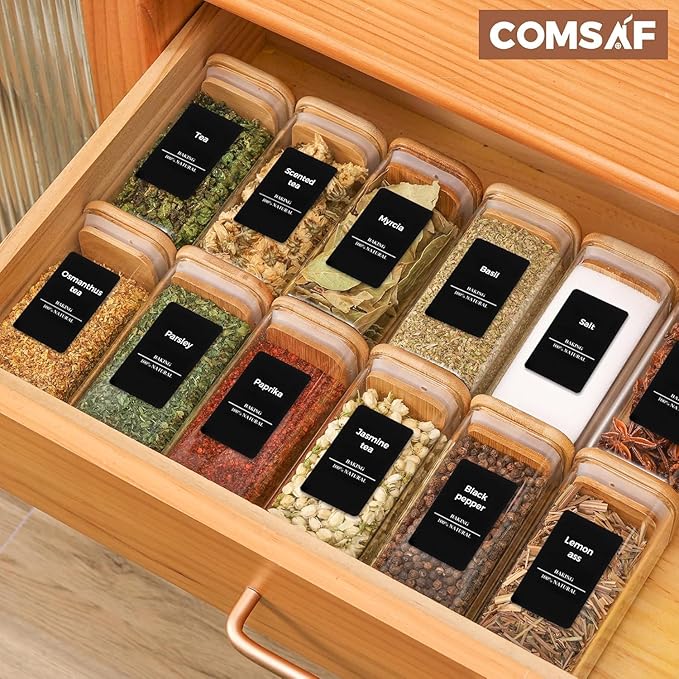ComSaf 6Pcs 10 oz Large Spice Jars with Label Trial Set, Glass Spice Jars with Bamboo Lids Supplementary Set, Seasoning Container Trial Pack, Perfect for Ktichen Starter-Ruum Studio Home