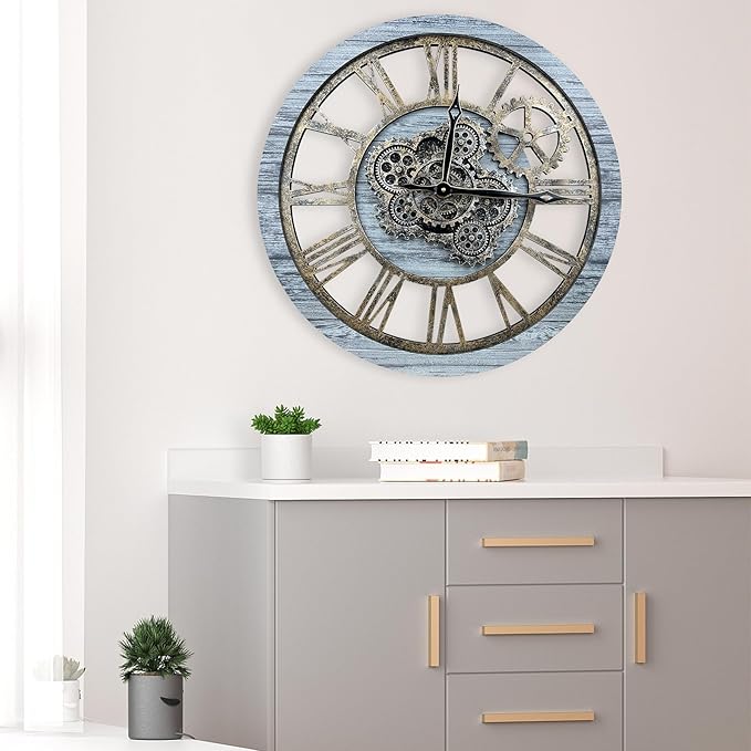 HOIBAI Large Wall Clock, Wall Clocks for Living Room Decor Farmhouse Vintage Rustic Kitchen Wall Decor Vintage Roman Big Oversized Wall Clock for Home Bedroom House Office, Moving Gears Clock-Ruum Studio Home