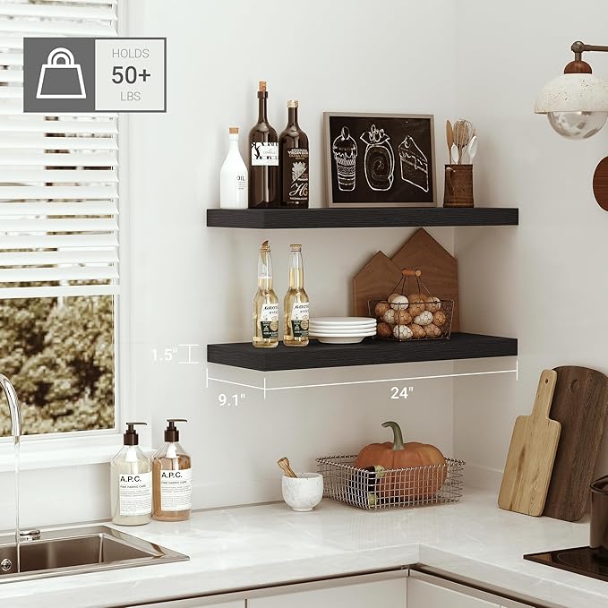 Black Floating Shelves for Wall Mounted, 24 inchs x 9.1” Deep x 1.5” Thick Wall Shelves for Bedroom, Living Room, Bathroom，Kitchen, Office, Home Decor Shelf with Invisible Bracket - Set of 2-Ruum Studio Home