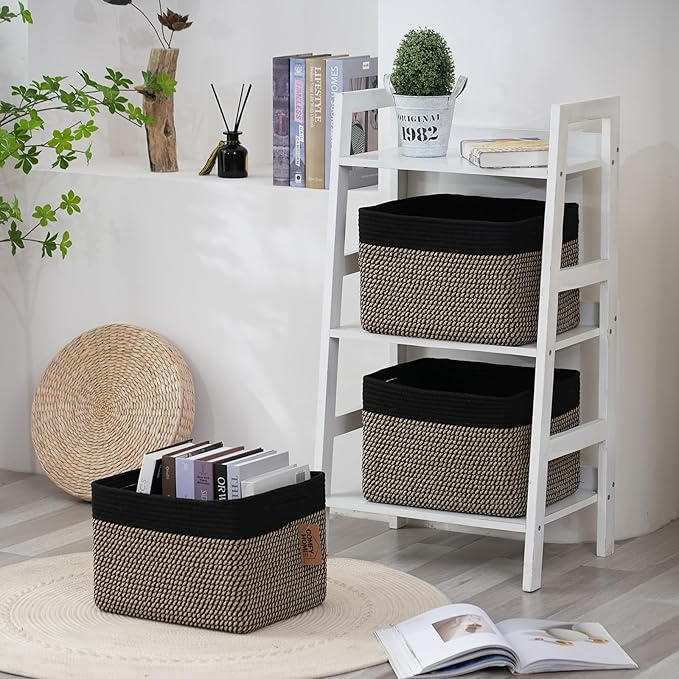 COMFY-HOMI 3PACK Cotton Rope Square Basket with Handles for Shelves|Dog Toy Bin and Storage|Baby Gift|Shoe Organizer|New 13.5" x 11" x 9.5" for Living Room (Black/Jute)-Ruum Studio Home
