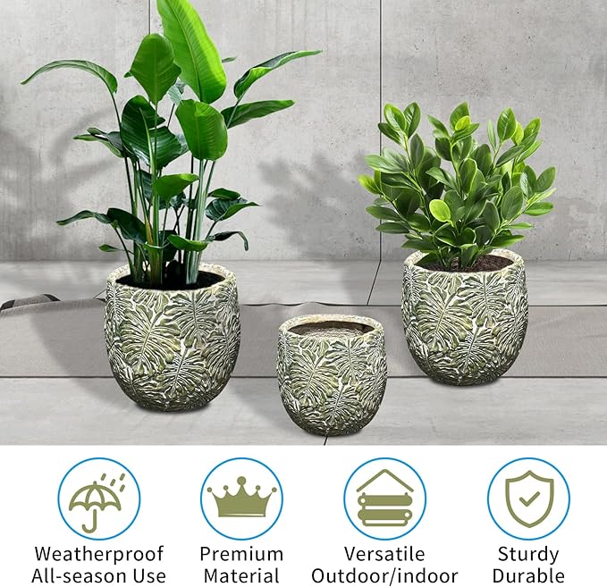 Craft flowerpots 18"+13"+19" Dia Round Concrete Planter Set of 3 Large Outdoor/Indoor Planter Pots Containers with Drainage Holes and Rubber Plug for Home Garden (Green, Large)-Ruum Studio Home