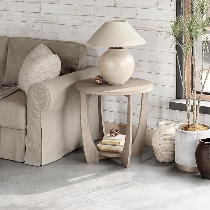 Rustic Farmhouse End Table with Storage Shelf, French Country Accent Side Table for Family, Dinning or Living Room, Small Spaces, Modern, Round, Vintage Grey Finish-Ruum Studio Home