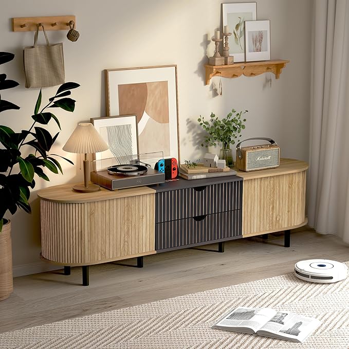 71" Tambour Door TV Stand,Wood Mid Century Modern TV Cabinet for Up to 85“ TV,Curved Edge Long TV Stand with Storage for Bedroom Living Room(Natural, 71inch)-Ruum Studio Home