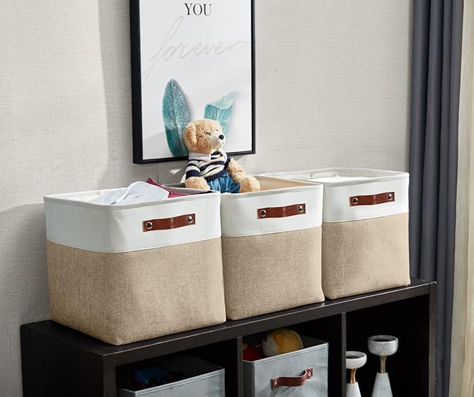 DECOMOMO Storage Cubes, 11x11 Cube Storage Bins, Baskets for Shelves (Beige & White, Cube 11" - 4 Pack)-Ruum Studio Home
