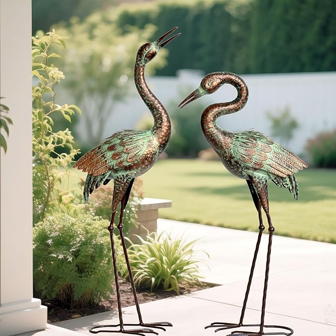 Shorayn Garden Crane Statues, Blue Heron Sculptures for Outdoor, Cranes Decor Metal Bird, Patina Garden Art Lawn Ornaments for Yard Patio Porch Outside Decorations-Ruum Studio Home