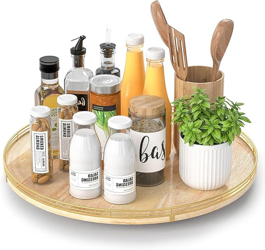 18 Inch Rustic Lazy Susan Turntable – Solid Oak & Iron Wood Rotating Tray for Dining Table, Kitchen Counter, Coffee Table – Farmhouse Style Large Wooden Lazy Susan Organizer for Home Décor-Ruum Studio Home