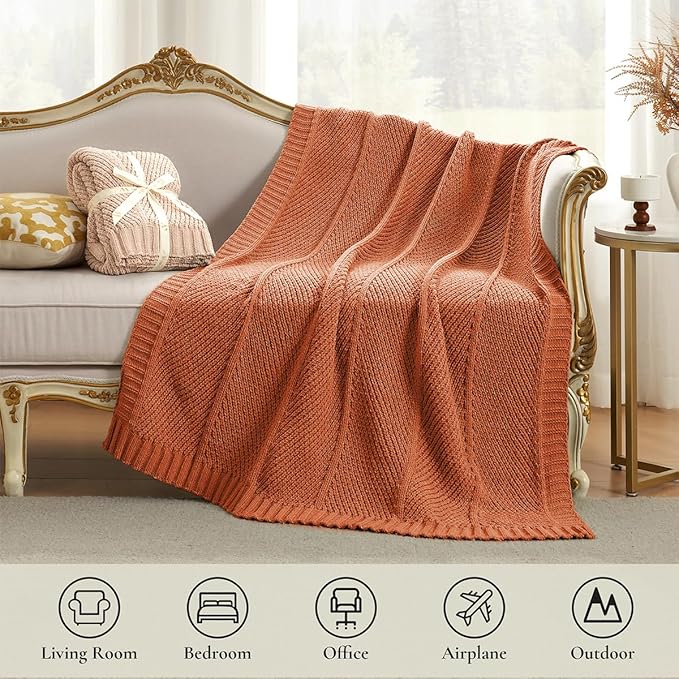 Amélie Home Chenille Knit Throw Blanket for Couch, Chevron Texture Decorative Soft Blanket for Sofa, Bed & Chair, 50"x60", Burnt Orange-Ruum Studio Home