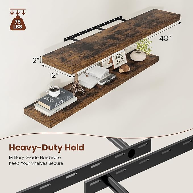 12" Deep Floating Shelves for Wall 48 Inches Long, Heavy Duty Wall Shelves for Bedroom Bathroom Kitchen Laundry Room, Farmhouse Rustic Shelves for Home Decor, 48" X 12" X 2" Set Of 2, Rustic Brown-Ruum Studio Home