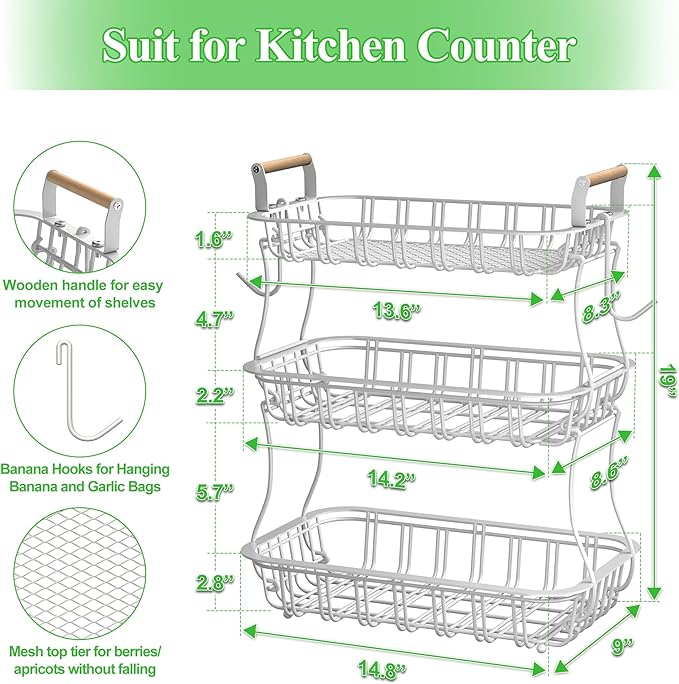 3 Tier Fruit Basket with 2 Banana Hooks, Large Capacity Multifunctional Detachable Sturdy Fruit Bowl with Wooden Handle Mesh Top for Kitchen Counter, for Bread Snacks Vegetables Produce, White-Ruum Studio Home