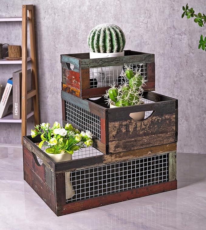 TIMRIS Set of 3 Rustic Wood Nesting Crates, Farmhouse Distressed Wooden Storage Boxes, Decorative Reclaimed Wood Organizer Baskets with Wire Mesh (Random)-Ruum Studio Home