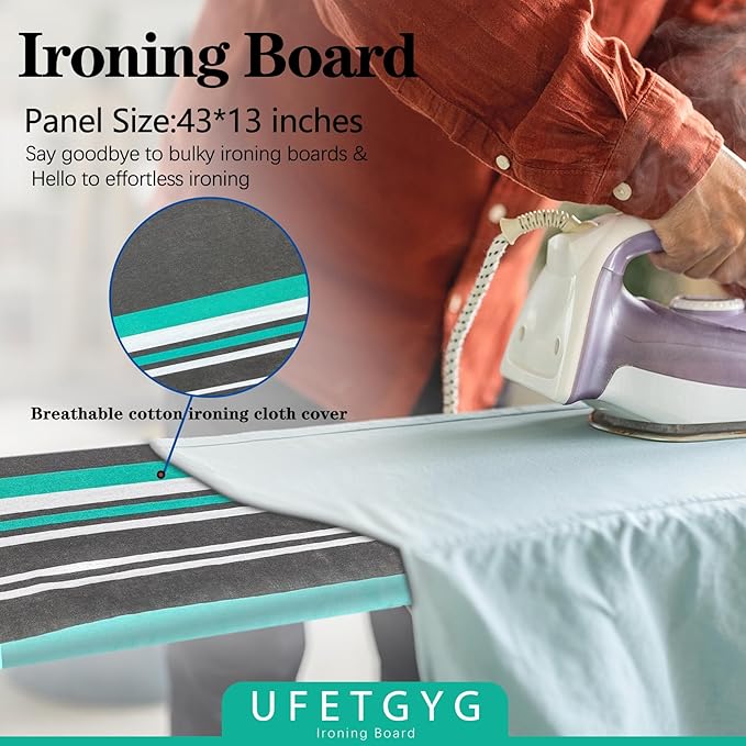 Ironing Board,Full Metal Construction| Height Adjustable, 43" X 13" W/with Iron Rest Heat & Scorch Resistant Fabric, Anti-Skid Feet, Heavy Duty| Easy to Fold-Ruum Studio Home