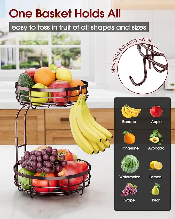 Fruit Basket for Kitchen Counter - 2-Tier Large Capacity Fruit Bowl with Detachable Banana Hanger, Rust-Proof Metal Fruit Holder for Vegetables, Bread, Toiletry,10" D x 10" W x 14" H, Brown.-Ruum Studio Home