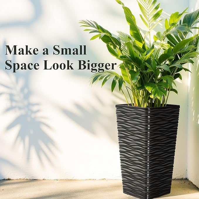 Worth Garden 2-Pack Black Tall Planter - Plastic Square Tapered Tree Plant Pots for Indoor Outdoor - 22" H - Modern Wavy Finish Decorative Flower Pots for Front Porch Containers Patio Deck-Ruum Studio Home
