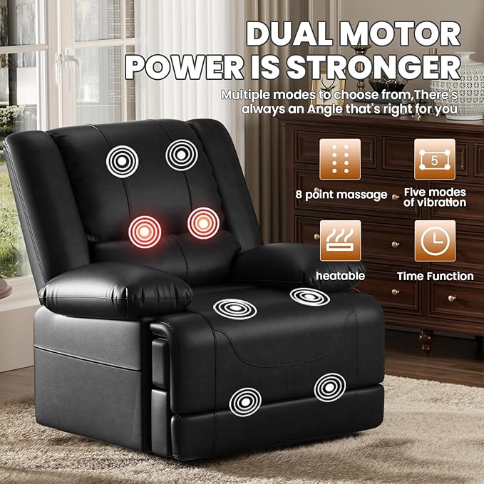 Large Dual Motor Power Lift Recliner Chair with Massage and Heat for Elderly People, Infinite Position,USB Ports and Remote Control,Breathable Leather (Black)-Ruum Studio Home